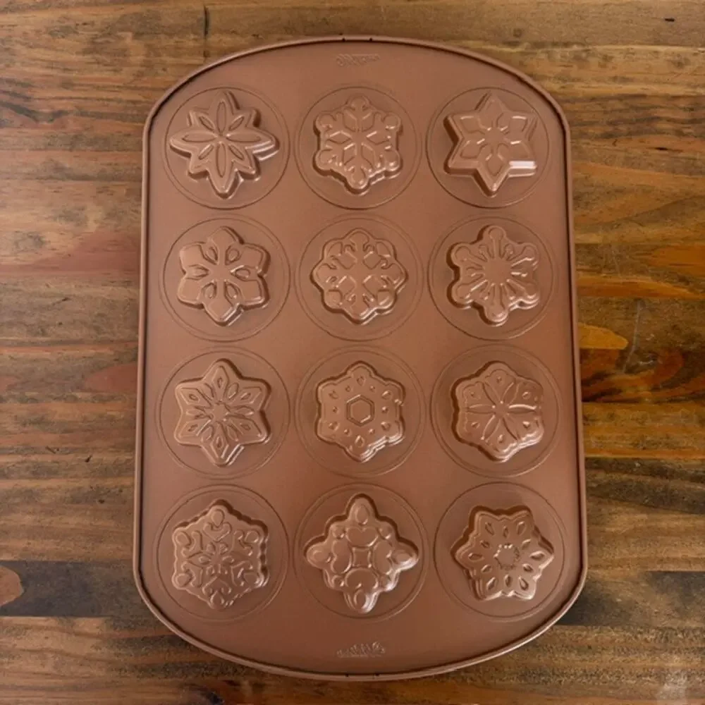 Wilton Snowflake Cookie Shapes Mold Pan Non-Stick 12 Designs Copper Color Winter